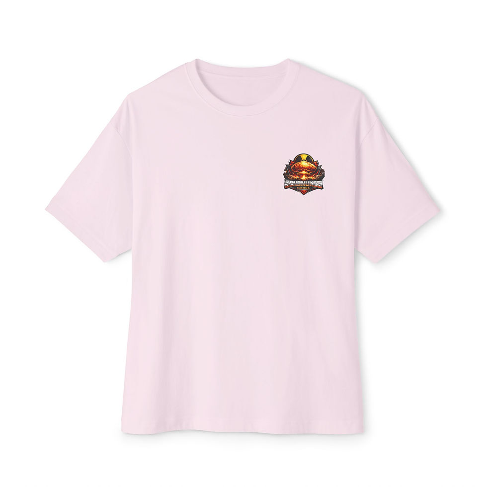 Thumbnail: SendNukesGaming retro nuclear skull logo tee showing dropped shoulder cut