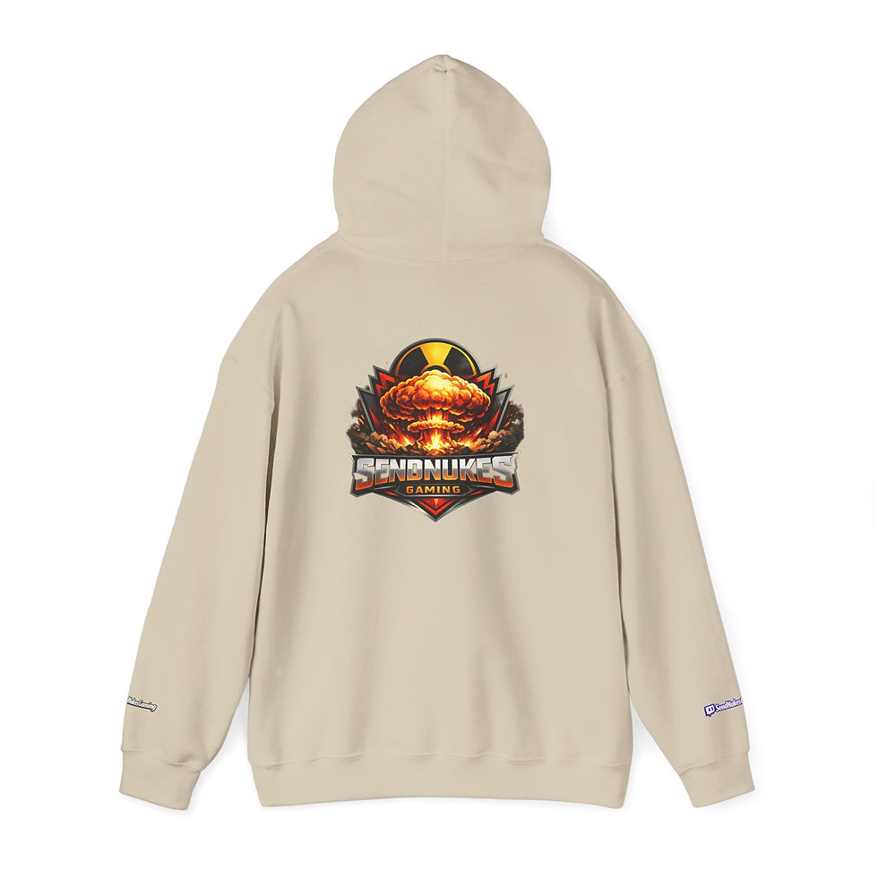 Thumbnail: SendNukesGaming retro volcano logo hoodie laid flat back