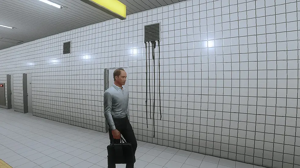 A still from the 2023 video game Exit 8. A man in business attire is walking down a white tiled corridor. Something dark is oozing from one of the vent shafts. 