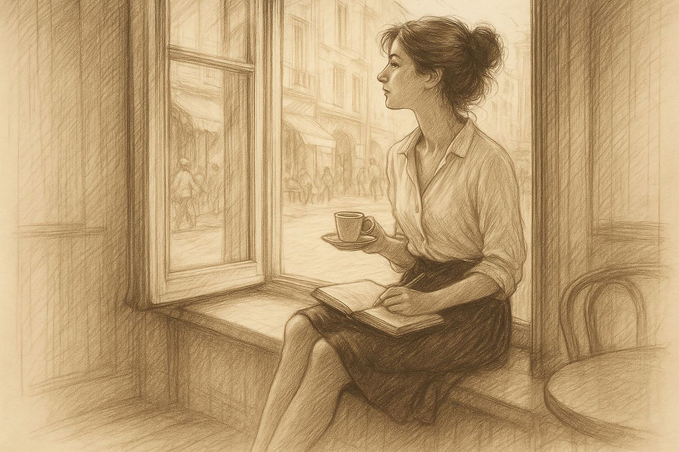 Drei kleine Fragen. Lina sitzt auf der Fensterbank mit einem Espresso