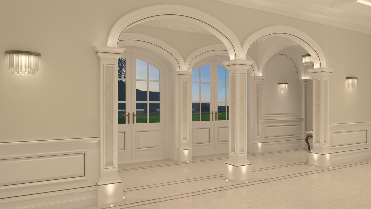 Bespoke high-end architectural commission featuring a rendered double-arched colonnade by Chris Fell Design & Project Management Ltd. Showcasing classical pilasters, vaulted ceilings, and symmetrical arched doorways with integrated architectural lighting, demonstrating award-winning Technical Resolution.
