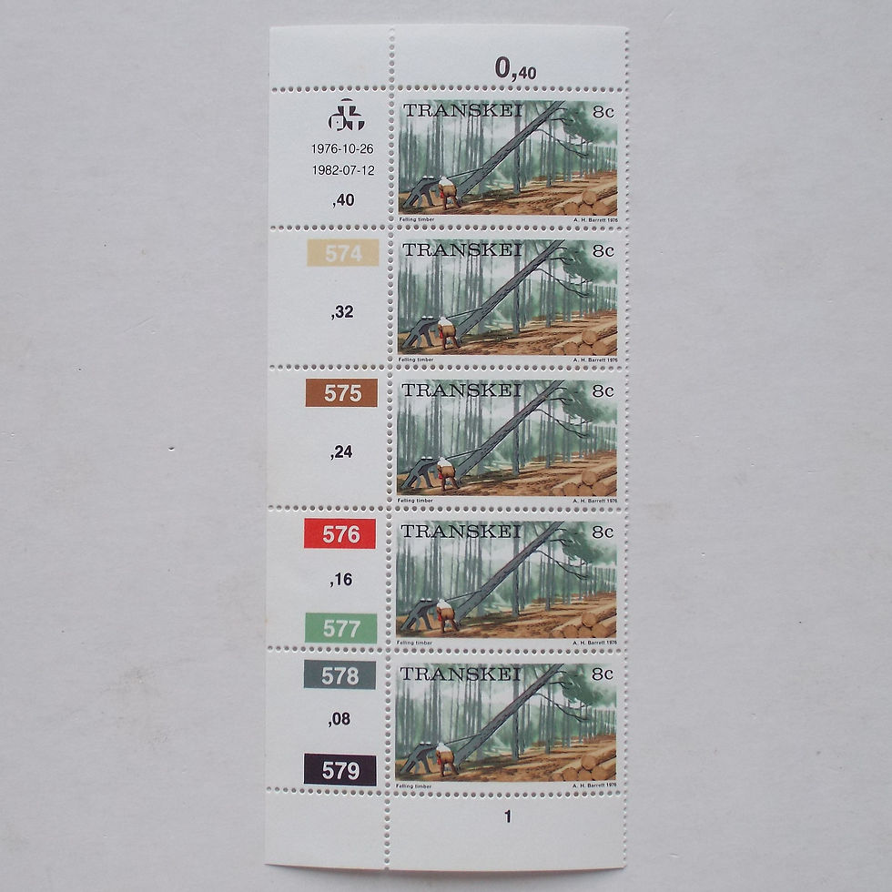 Transkei - 1976 1st Defin Issue - 8c Felling Timber - Control Strip of 5 - MNH