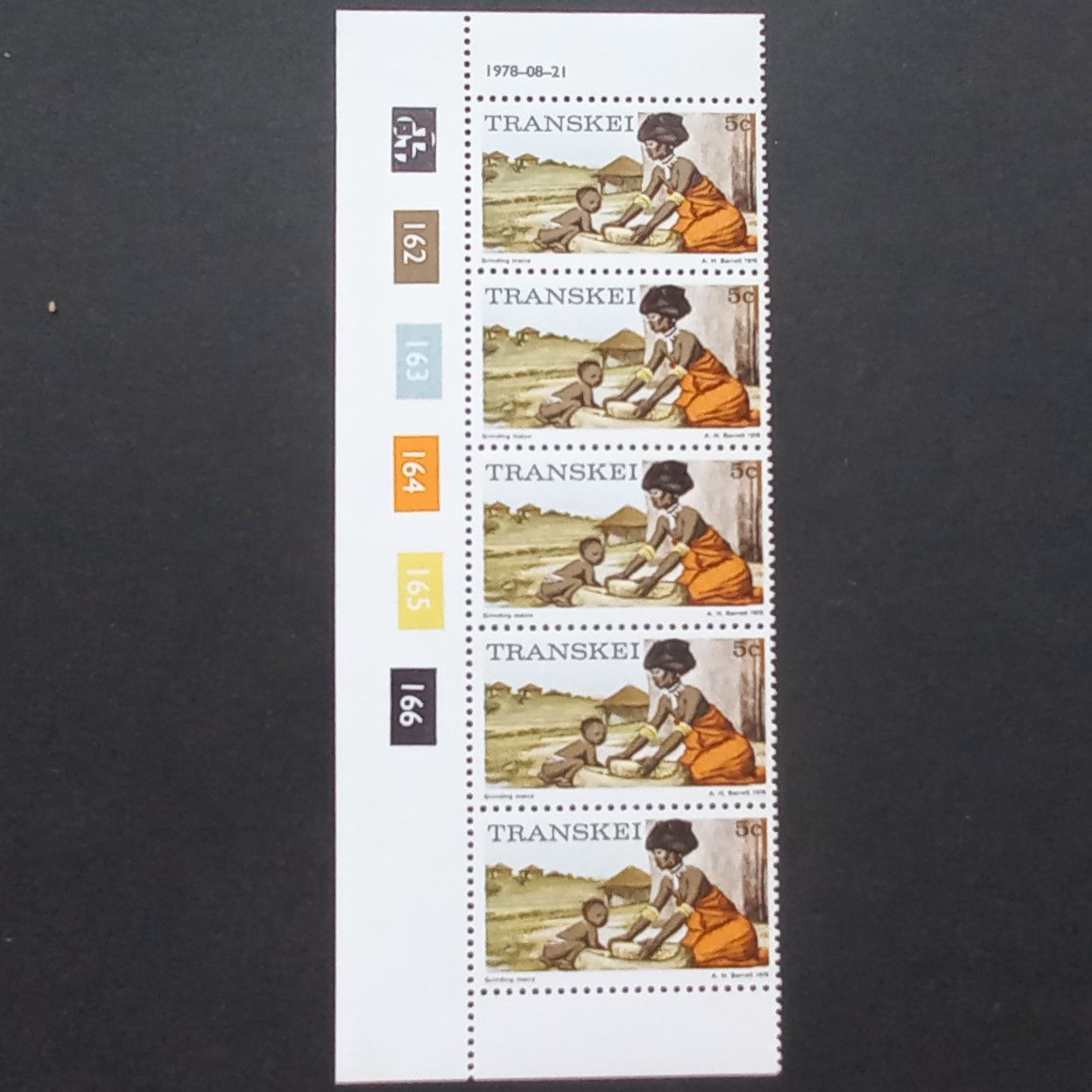 Transkei - 1976 1st Defin Issue - 5c Grinding Maize - Control Strip of 5 - MNH