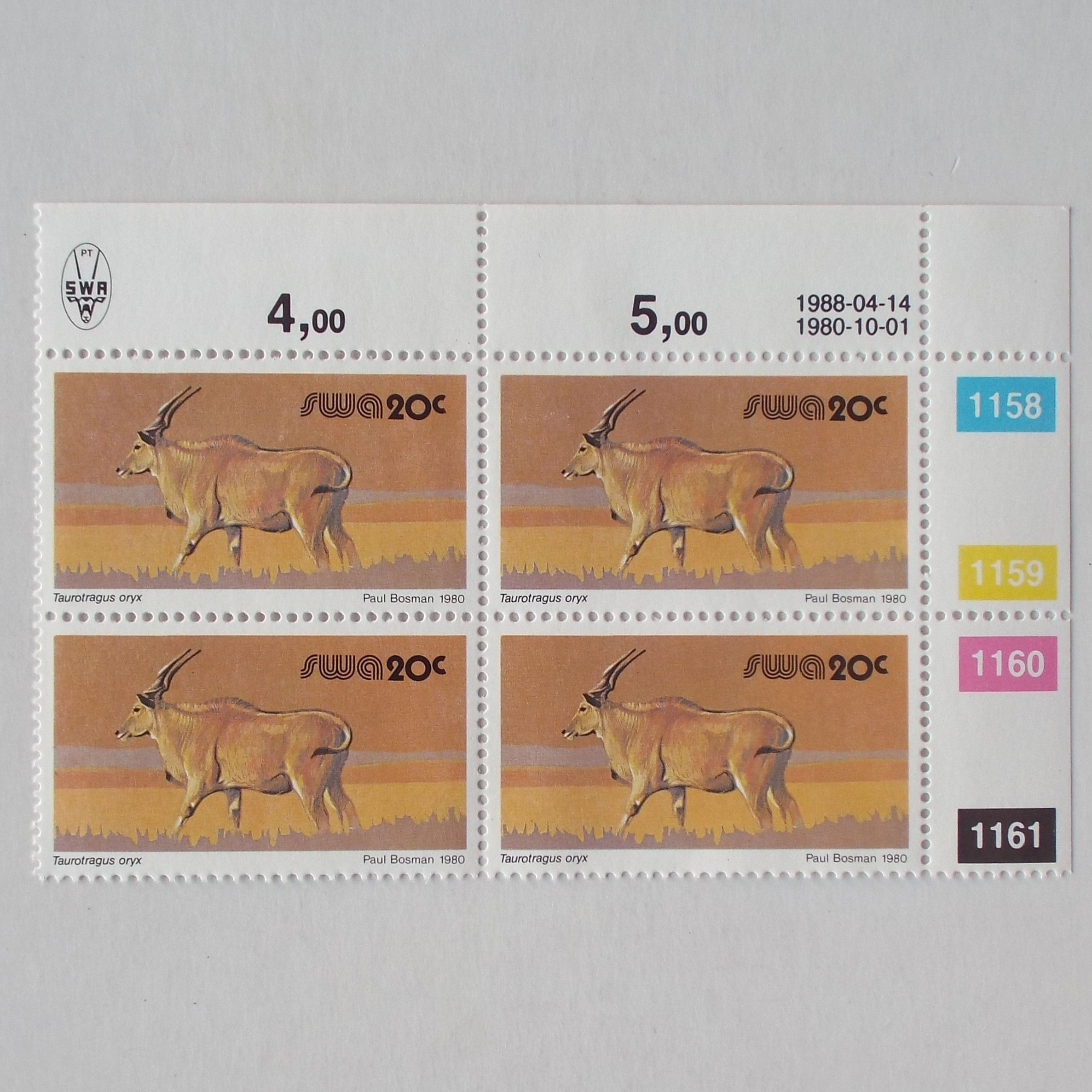 SWA - 1980 3rd Defin Issue "Reprint 14.04.1988" - 20c - Control Block of 4 - UMM