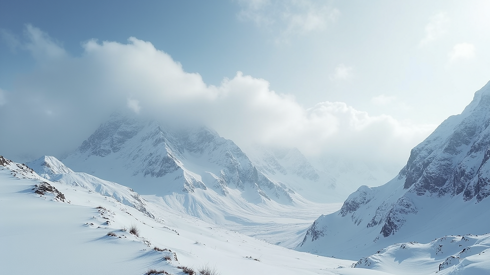 Eye-level view of snow-covered mountain range with clouds overhead