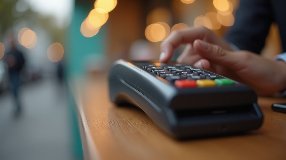 Eye-level view of a contactless payment terminal with a smartphone nearby
