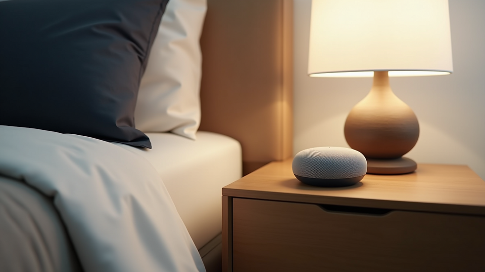 High angle view of a Google Nest Hub on a bedside table