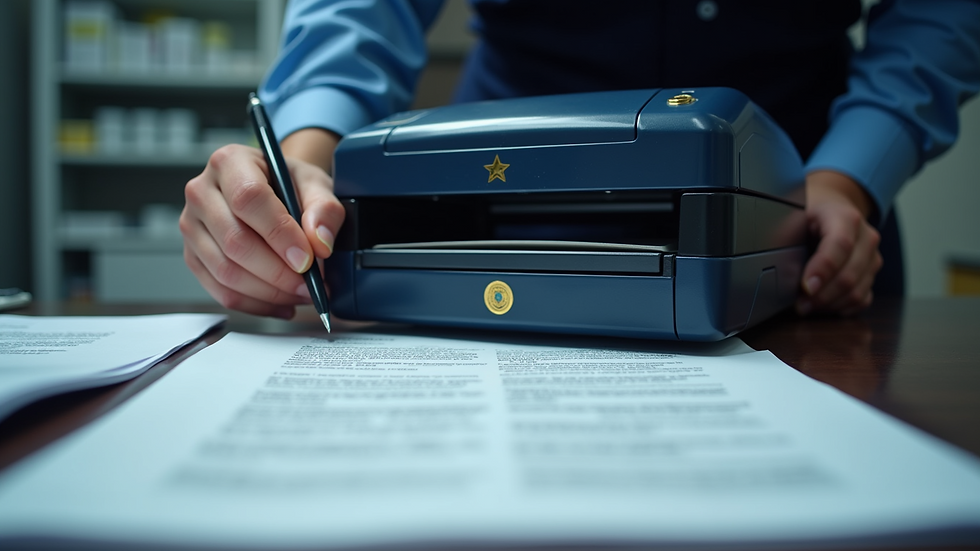 Eye-level view of a fingerprinting technician preparing a digital scanner