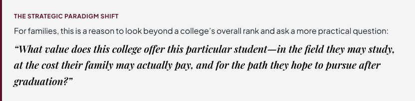 College ranking strategy highlighting student fit, academic goals, cost, and post-graduation plans