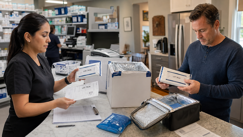 Pharmacist verifying a lot-tracked medical package before the same sealed shipment is received and reviewed by a customer at home.