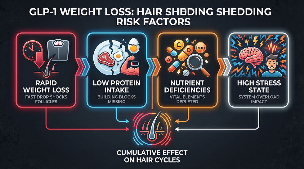 Graphic showing risk factors that worsen hair shedding during rapid weight loss.