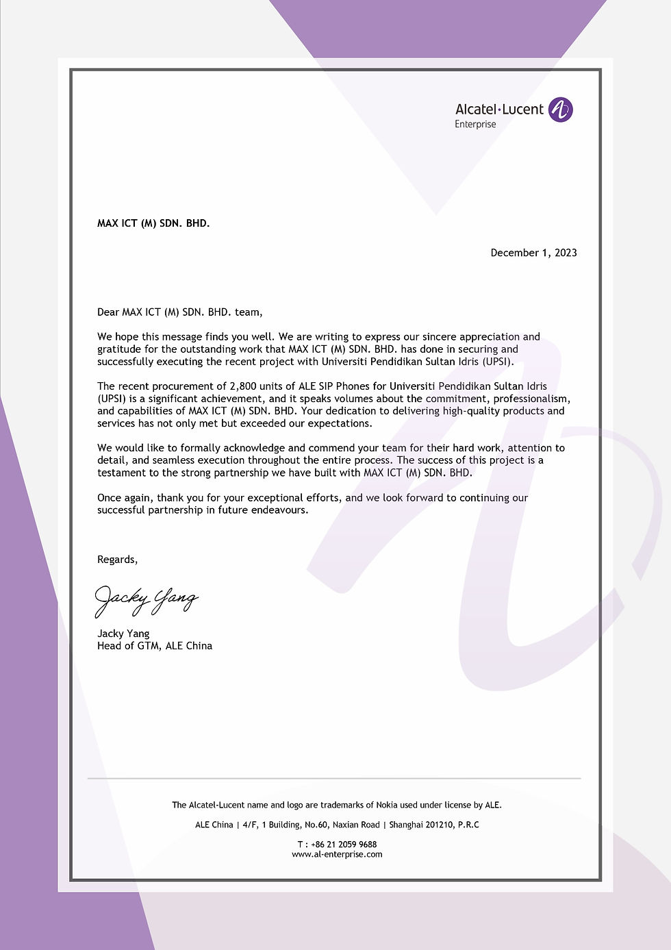 Acknowledgement and Appreciation Letter to MAX ICT (M) SDN. BHD