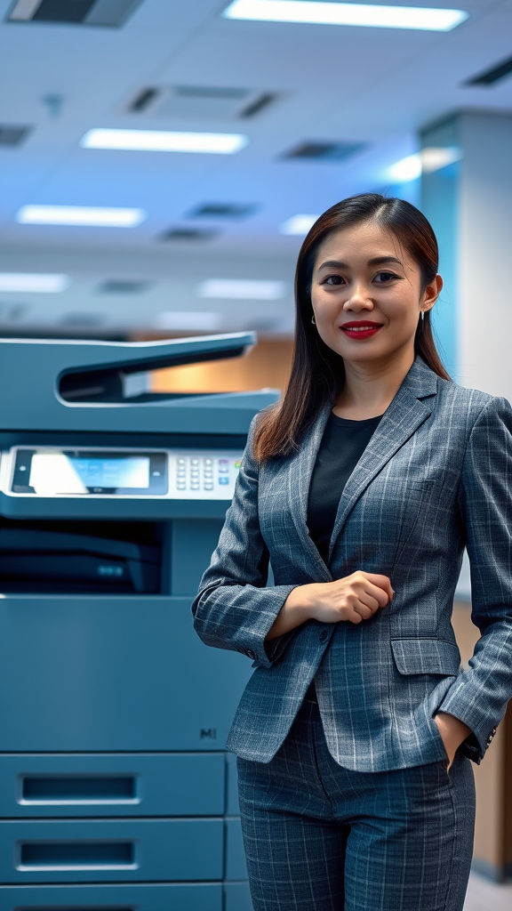 high-end, modern corporate office in Singapore. A professional East Asian woman in a charc