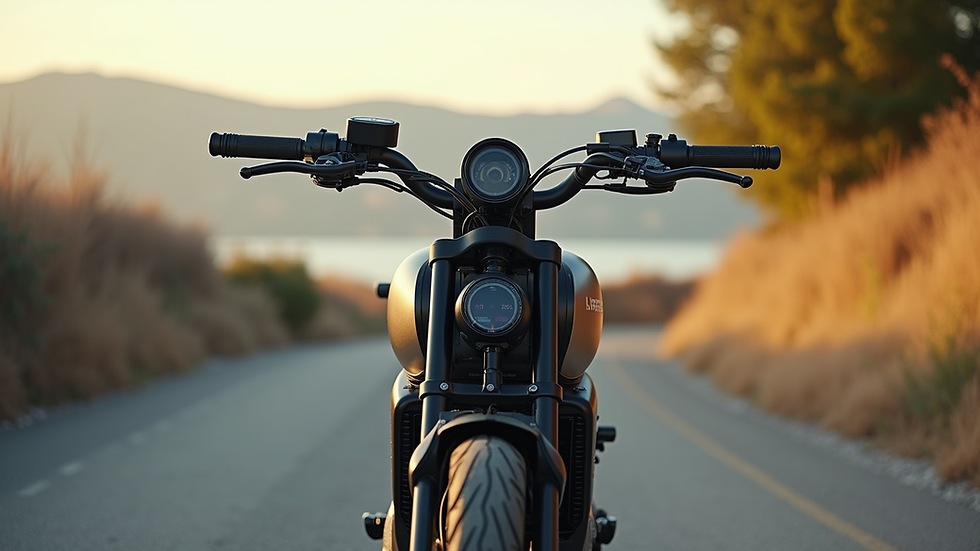 Eye-level view of an electric motorcycle parked in a scenic outdoor location
