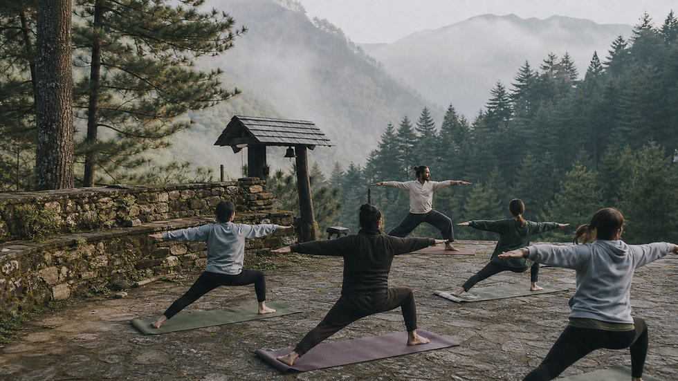 Yoga students practicing outdoors in highland pine forest mist during a teacher training abroad at Hridaya Family, Chiapas, Mexico
