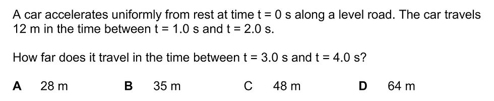 Distance travelled by the car between t = 3s to t = 4s during constant acceleration from rest