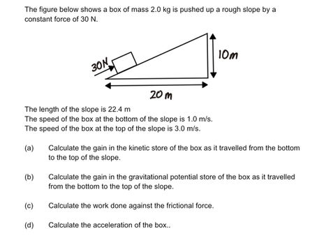 Box is pushed up a slope with increase in KE and work done against friction.
