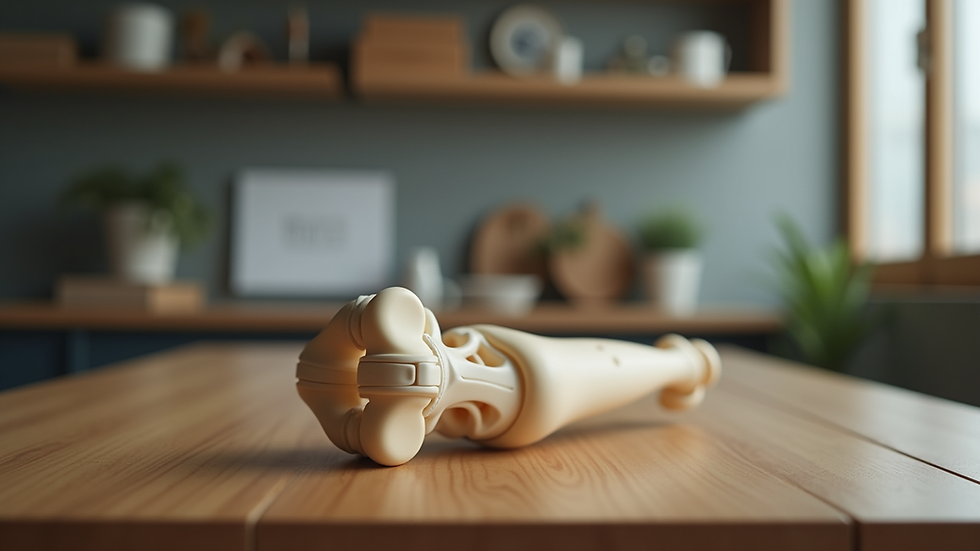 Close-up view of a knee joint model on a wooden table