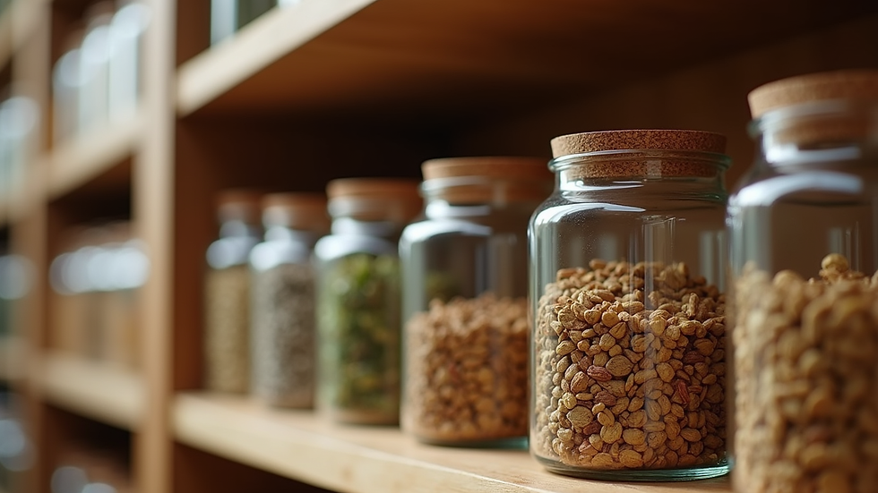 Close-up view of herbal medicine jars on a wooden shelf