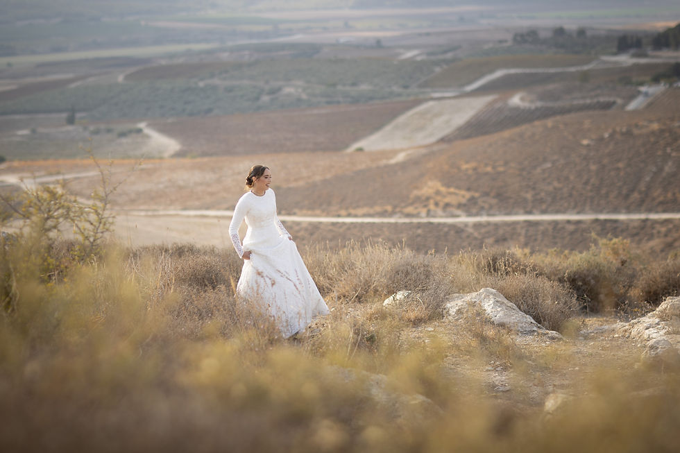 A bride in a wide hillside landscape.