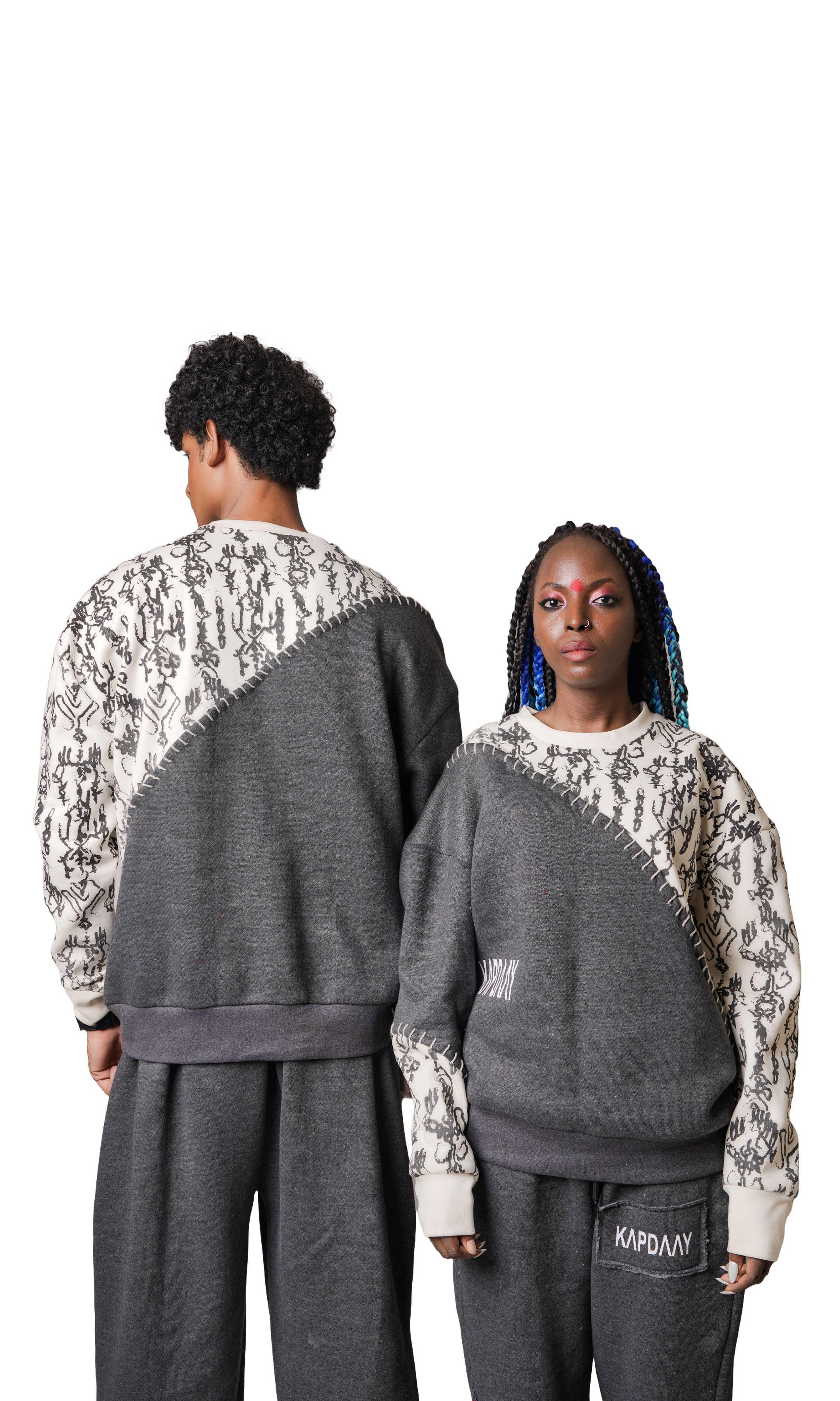 Heavyweight Oversized Crewneck, Cream Abstract Print and Charcoal with Hand-Stit