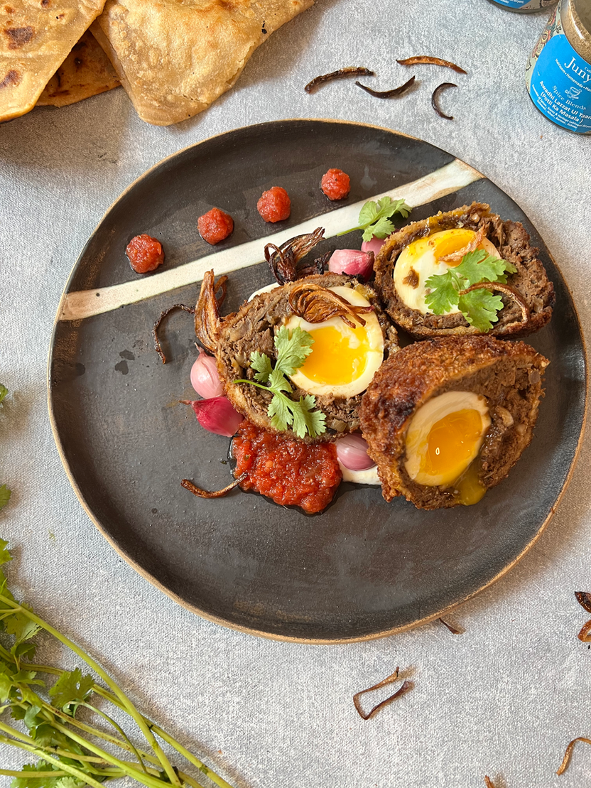 Lazzat-ul-Taam Scotch Eggs with Tadka Yoghurt and Spicy Tomato Jam