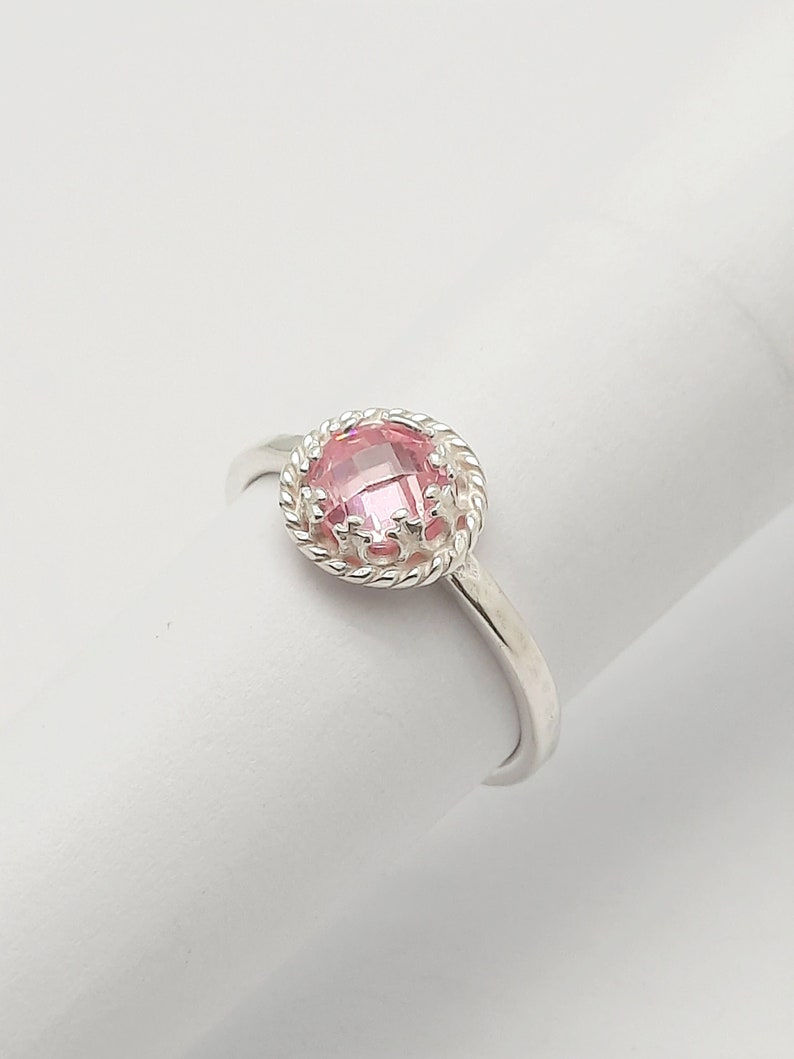 Thumbnail: 925 Sterling Silver, Shiny silver ring, Pink CZ stone, Adjustable open ring