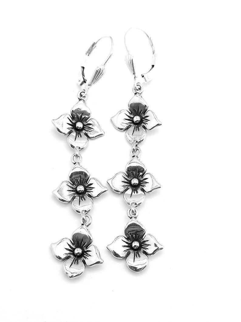 Thumbnail: 925 Sterling Silver, Shiny oxidized silver, Lever back earrings, Trio flowers