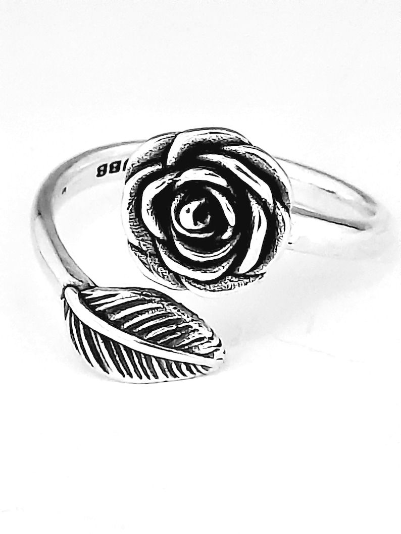 925 Sterling Silver, Rose flower & leaf ring, Adjustable ring, Friendship ring
