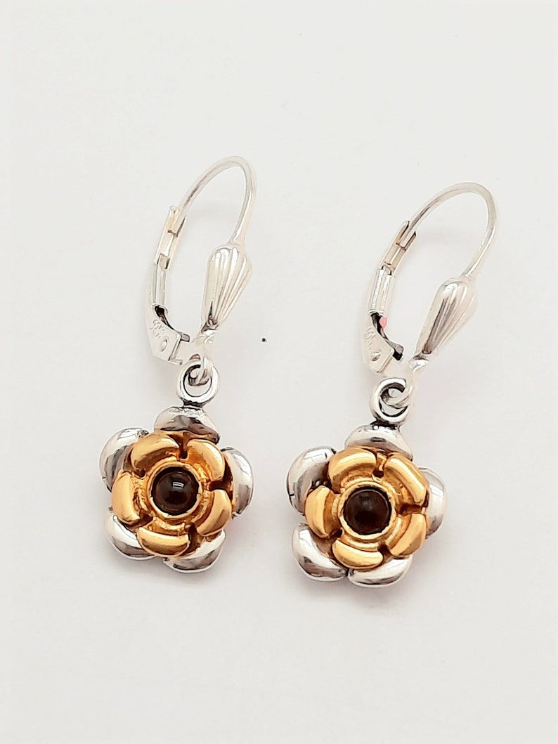 925 Sterling Silver, Rose flower dangle earrings, Oxidized & 18K gold plating