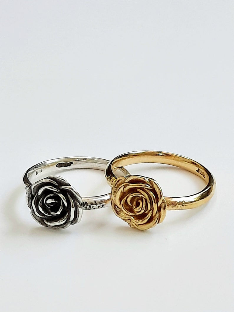 Thumbnail: 925 Sterling Silver ring, 18K gold plating rose flower, Vermeil ring, Two rings