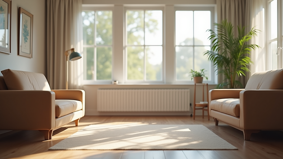 Eye-level view of a calm therapy room with comfortable chairs and soft lighting