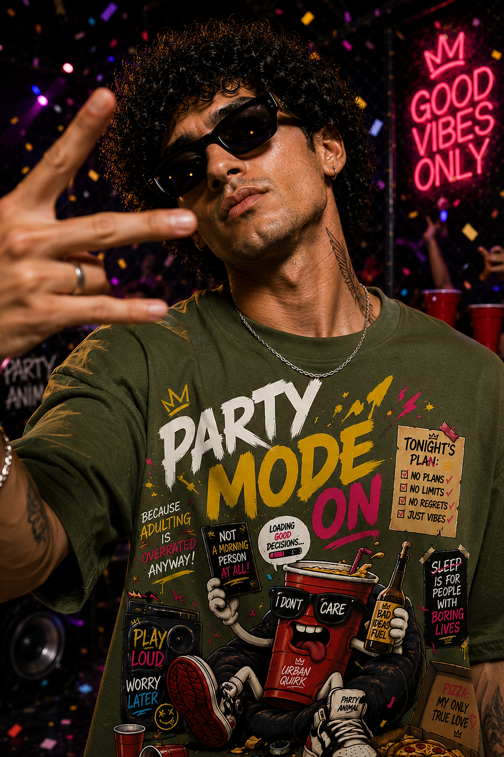 Thumbnail: Urban Quirk Party Mode On Graphic Oversized T-Shirt for Men | 240 GSM Premium Cotton | Olive Green