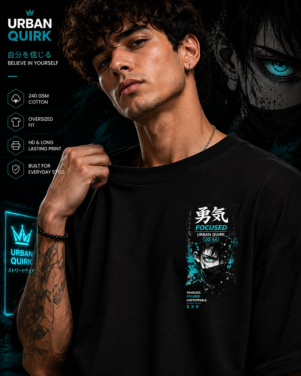 Thumbnail: Focused Anime Oversized T-Shirt | 240 GSM Cotton | Japanese Streetwear Graphic Tee | Urban Quirk