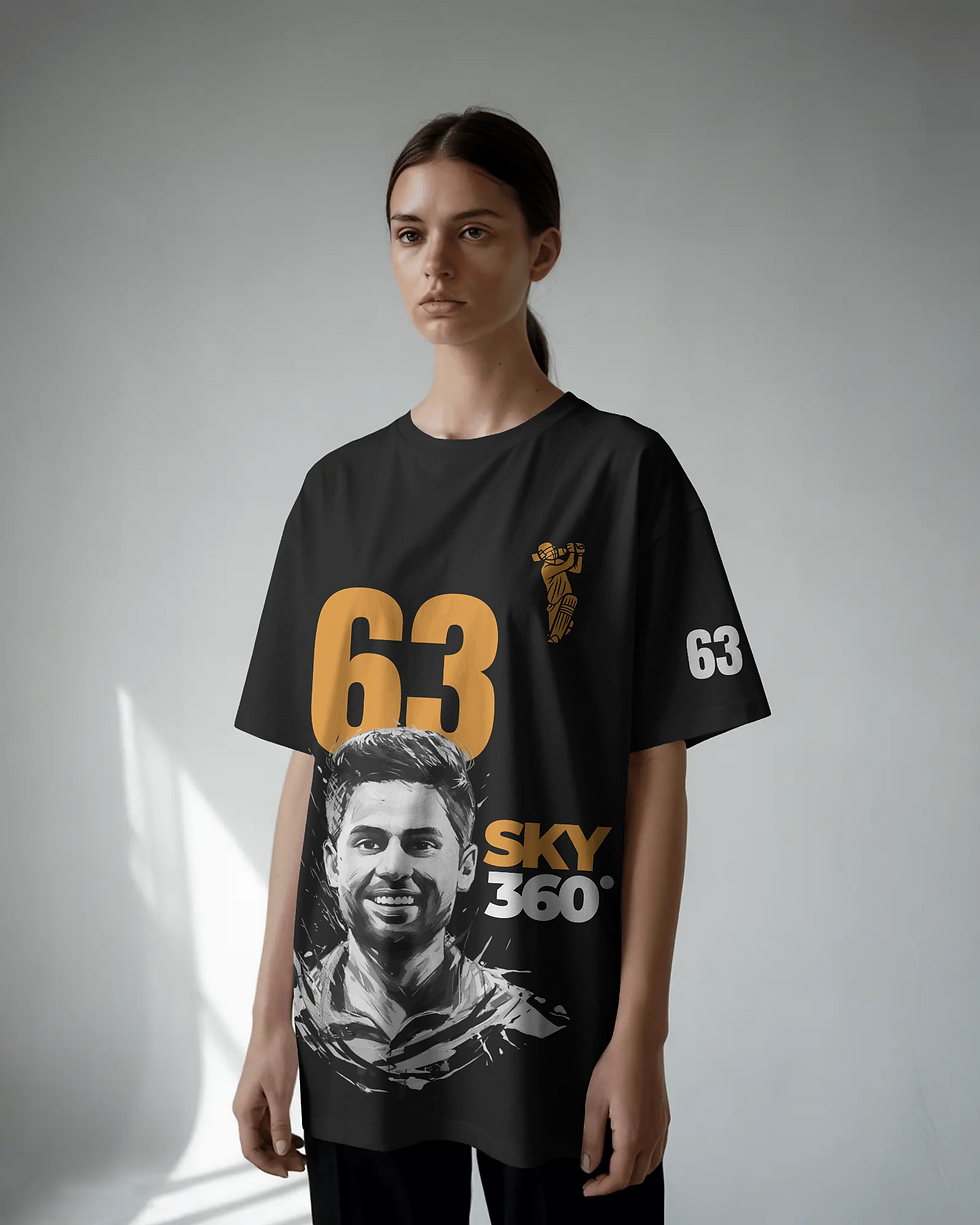Thumbnail: Oversize Cotton Surya Kumar Yadav 63 – SKY 360 Black T-Shirt | Urban Quirk