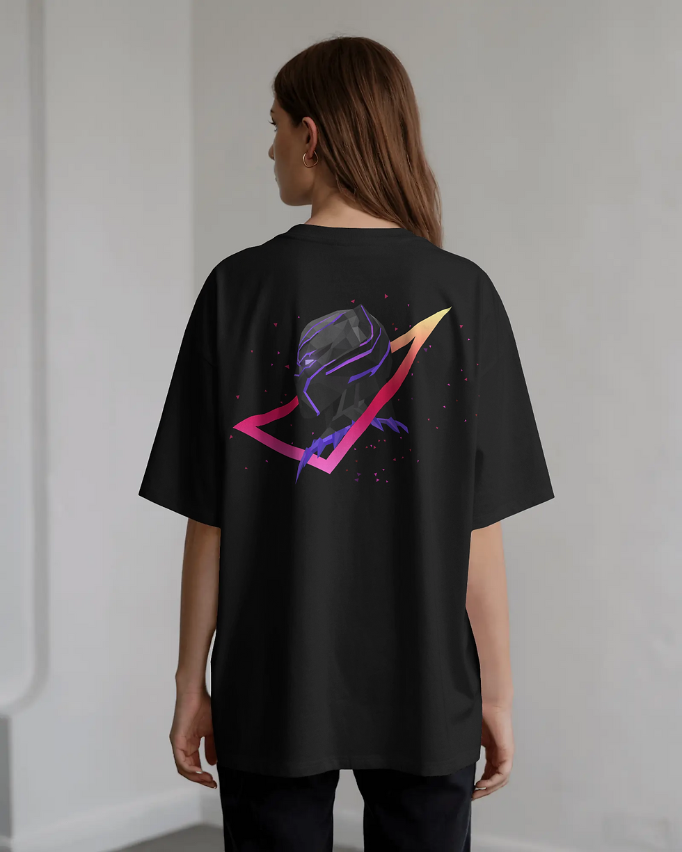 Thumbnail: Unisex Oversized Black Cotton T-Shirt | Black Panther Neon Graphic Printed Tee