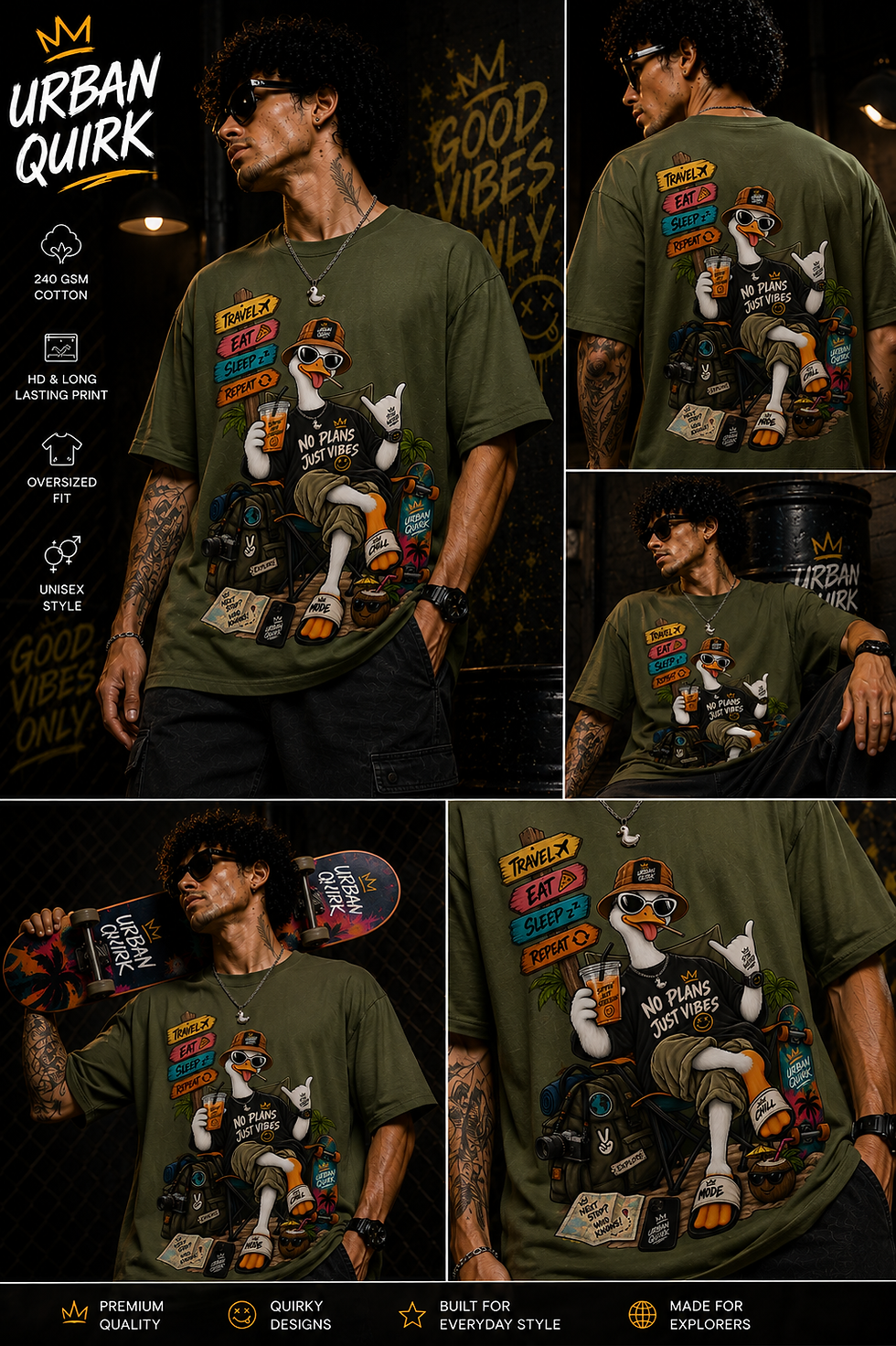 Thumbnail: No Plans Just Vibes – Olive Green Oversized T-Shirt