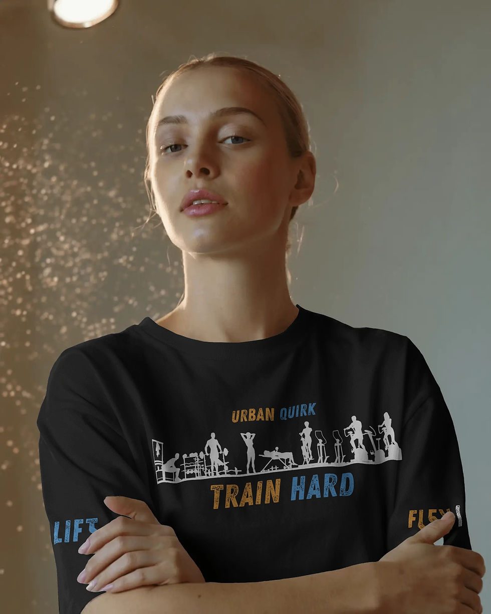 Oversized Cotton Train Hard – Black Gym Wear T-Shirt | Urban Quirk