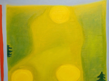 abstrakte Malerei mit Öl und Acryl auf Leinwand: drei golden-gelbe Kreise, zwei Tannen-Silhouetten, eine gelbe und grüne Wiese, ein blauer Himmel und ein roter Strich