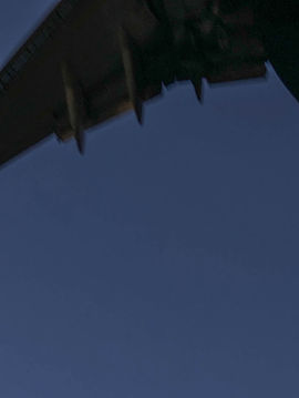 Der Flügel eines Flugzeuges ist am oberen Bildrand unscharf zu sehen vor dunklem Himmel