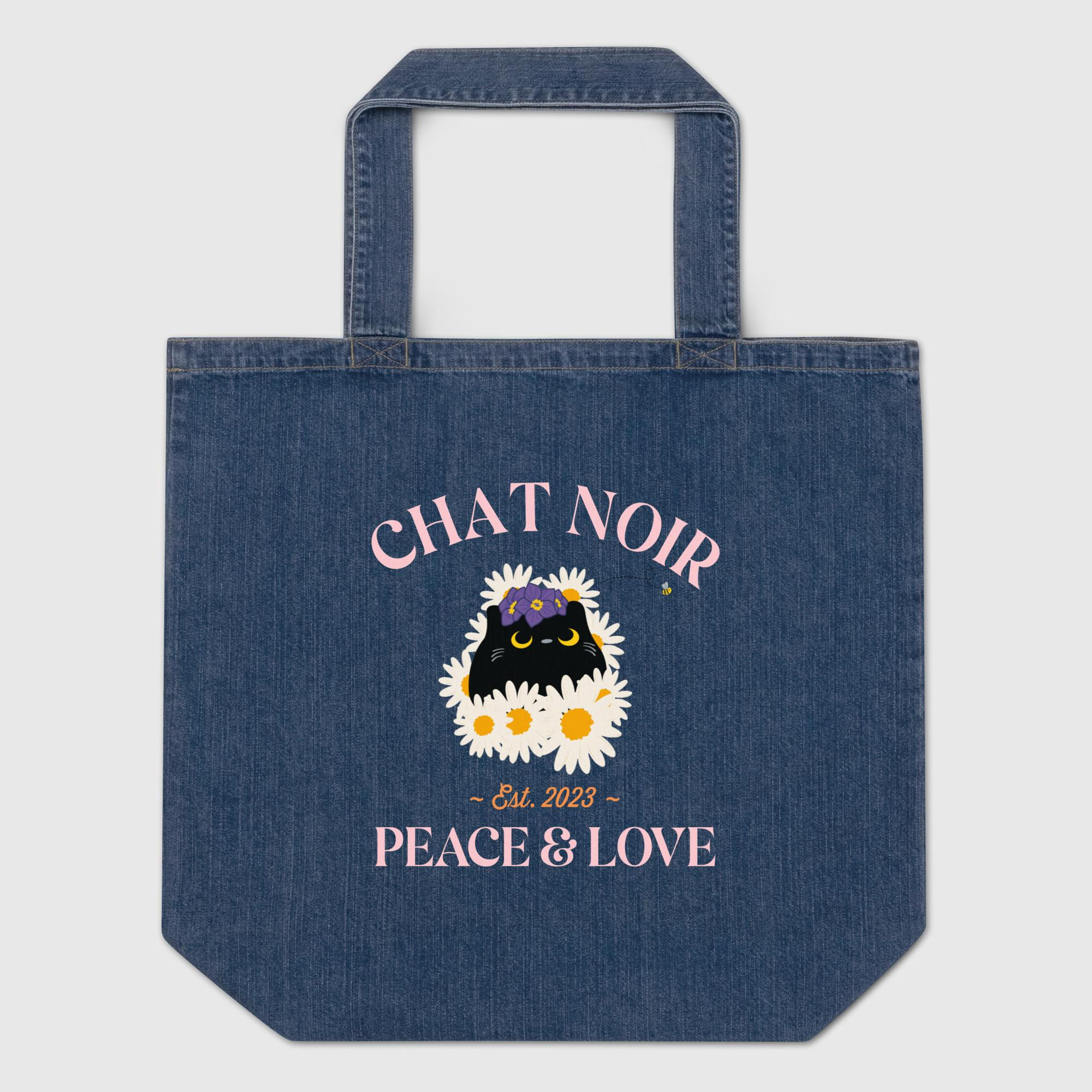 Organic Chat Noir and Flowers denim tote bag