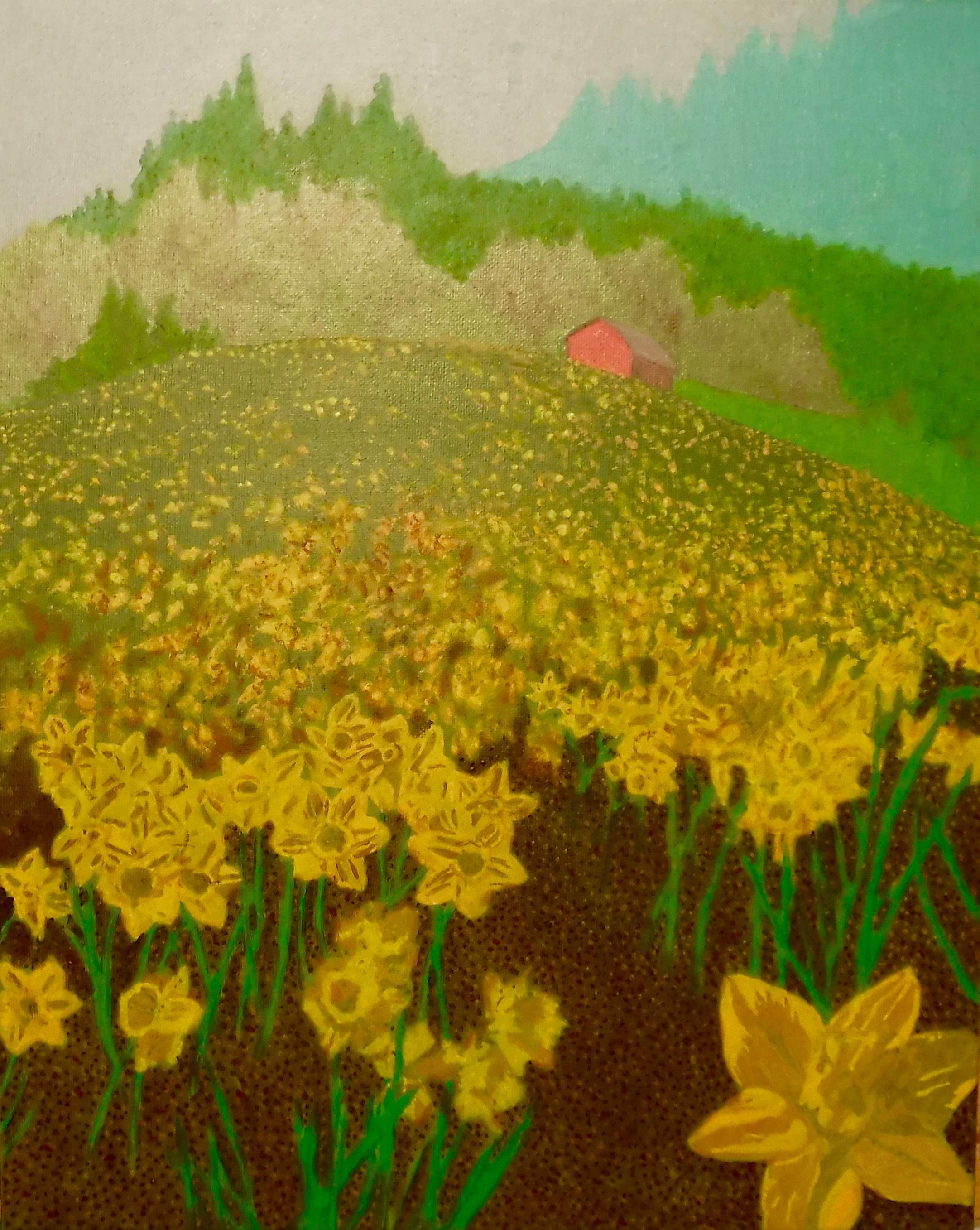 RED BARN IN A FIELD OF FLOWERS