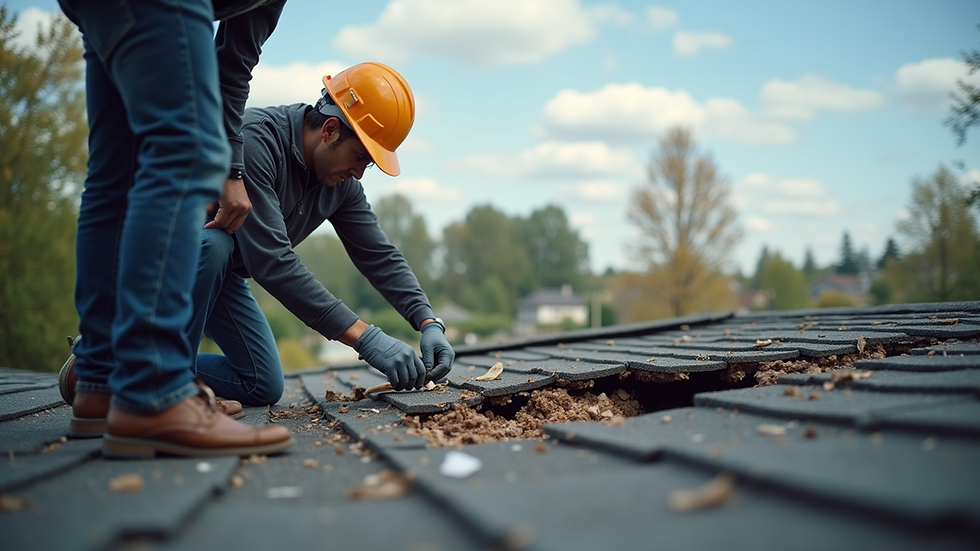 Eye-level view of a public adjuster inspecting roof damage