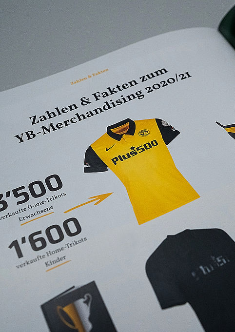 Einzelseite «Zahlen & Fakten zum YB-Merchandising 2020/21» mit klarer Typografie und Informationsdesign.