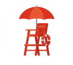 Red lifeguard chair with umbrella