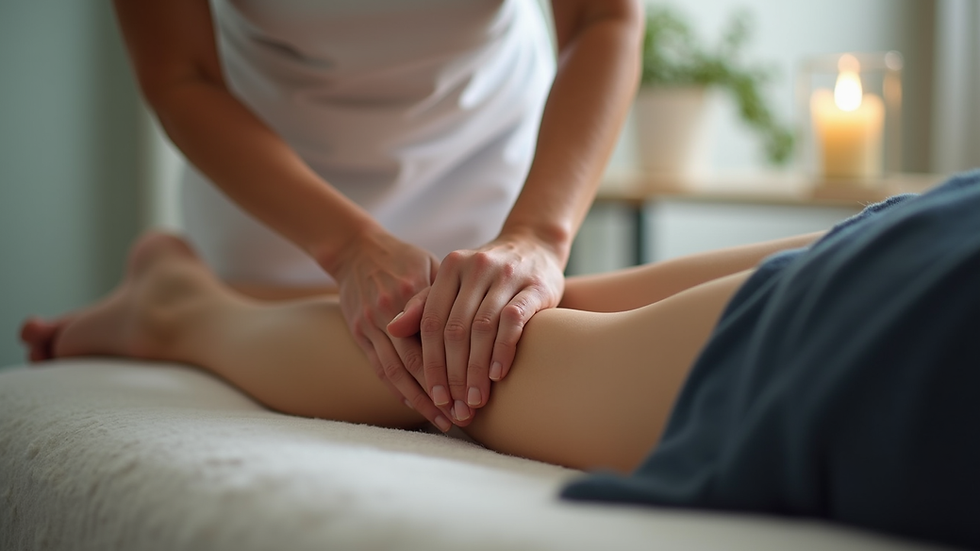 Close-up view of a therapist gently massaging a person's calf