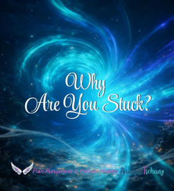 Bioluminescent energy vortex in teal and cobalt blue spiraling through deep water, surrounded by blue and violet energy streams and golden light sparks, dark coral in the background. Illustration for the blog "Why Are You Stuck — Taking On Energies" by Andrea Tschanz, Pain Management and Holistic Healing, Oensingen.