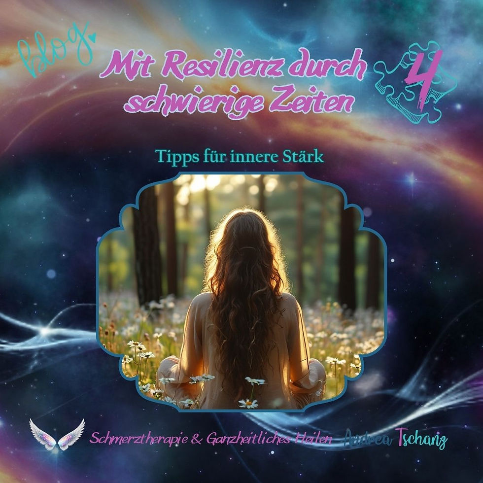 Mit Resilienz durch schwierige Zeiten – Tipps für innere Stärke; ruhige Waldszene mit sitzender Frau im Blumenfeld.
