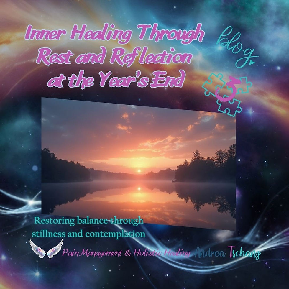 Sunset reflected on a calm lake, inner healing through rest and reflection at the year end, balance through self care and compassion.