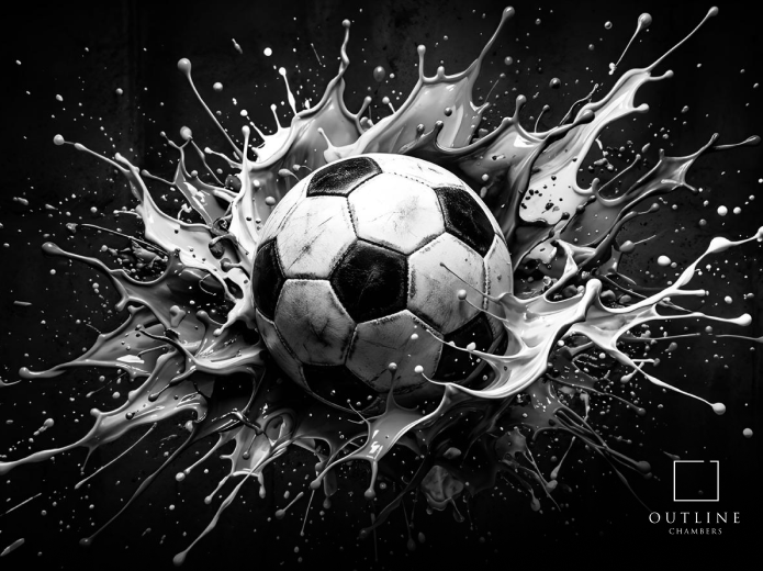 Stylised monochrome image of a football bursting through a dramatic splash-like explosion against a dark background. The high-contrast composition conveys impact, disruption and intensity, with the Outline Chambers logo displayed in the bottom-right corner.